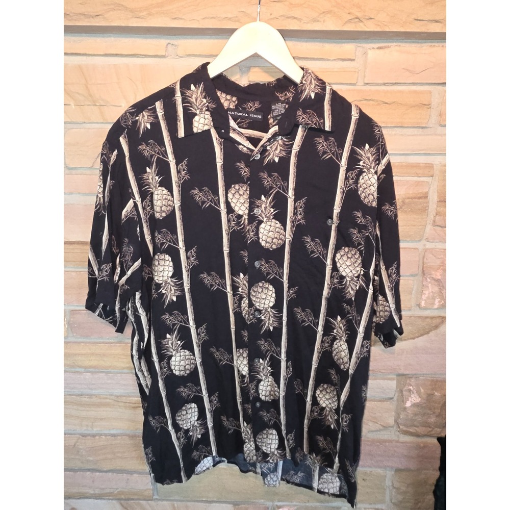 Natural Issue Mens L Hawaiian Pineapple Bamboo 100% Viscose Rayon Tropical Shirt